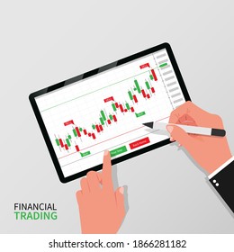 Financial trading concept. Forex trading indicator on tablet screen with hands holding pen tab vector illustration.
