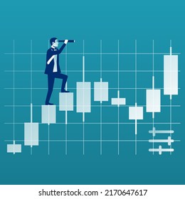 Financial trading graph. Successful businessman makes forecast on stock exchange. Tradings concept. Successful businessman looks at stock schedule. Forex market. Vector flat design. Modern investment.