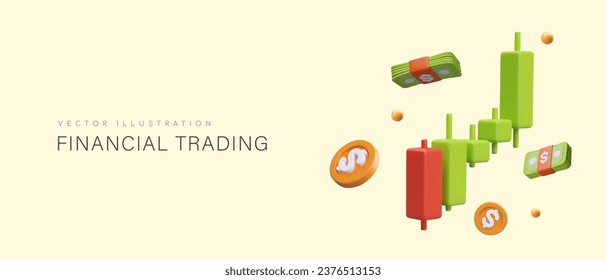 Financial trading. Interval chart in form of Japanese candles. 3D coins, banknotes, technical indicator. Horizontal concept for web design. Advertising for traders