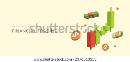 Financial trading. Interval chart in form of Japanese candles. 3D coins, banknotes, technical indicator. Horizontal concept for web design. Advertising for traders