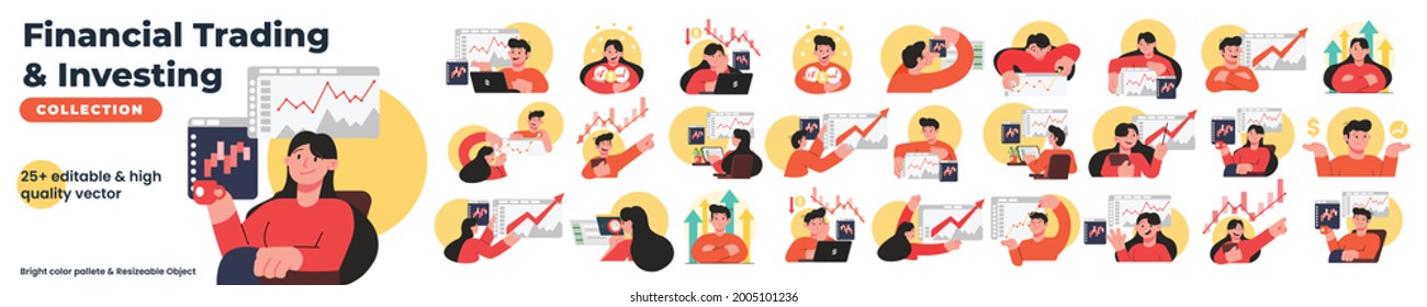 Financial trading and investing vector character set bundle. Collection of a man and woman trading on the stock exchange. Vector set illustration bundle collection - Shutterstock ID 2005101236