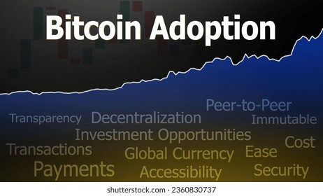 Pantalla de comercio financiero con gráficos de área de línea ascendente y patrones de candelabros, simbolizando el concepto de aumento de la adopción de Bitcoin. Palabras relacionadas con las razones para adoptar Bitcoin.