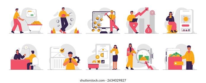 Financial trading and smart investment, money increase. Character design. Flat vector illustration