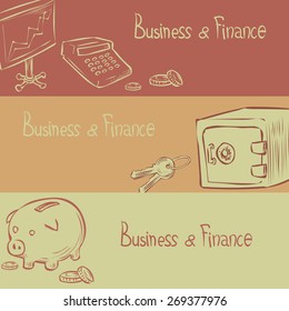 Financial trading wealth and commerce horizontal banner set. Hand drawn vector illustration. 