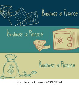 Financial trading wealth and commerce horizontal banner set. Hand drawn vector illustration. 