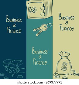 Financial trading wealth and commerce vertical banner set. Hand drawn vector illustration. 