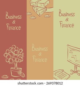 Financial trading wealth and commerce vertical banner set. Hand drawn vector illustration. 