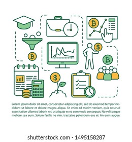 Vektorvorlage für Finanzschulungsartikel. Kryptowährungshandel, Maklerkurs. Broschüre, Magazin, Booklet-Design-Element mit linearen Symbolen und Text. Druckdesign. Konzeptillustrationen