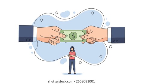 Transacción financiera entre dos partes con una persona observando el intercambio