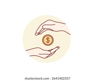 Financial transaction in business – hands with a dollar coin, money exchange, investment, payment or donation. VectorHand drawn style vector design illustrations.
