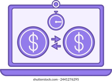 Financial Transaction Color Icon. Vector Icon of Money Transaction, Laptop, and Stopwatch. Instant Money Transfer Online. Accounting Concept