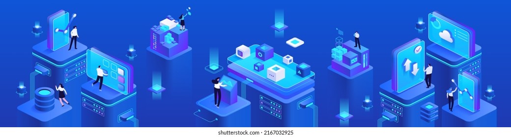 Financial transaction with cryptocurrency isometric vector images set on blue background. Cyber space platforms for trade. Bank online. Web banner with copy space for text. 3d components composition