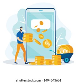 Financial Transaction and Fast Money Transfer via Internet. Online Payment Service on Mobile. Remote Earnings and Savings Account. Cartoon Man with Gold Coins Stack. Vector Flat Illustration