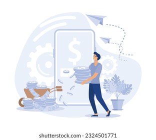 Financial Transaction and Fast Money Transfer via Internet, Online Payment Service on Mobile, flat vector modern illustration
