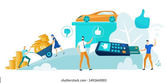 Financial Transaction Flat Cartoon Vector Illustration. Small People Collecting Money and Doing Purchase Using Payment Terminal and Credit Card. Buying Car Using Banking. Piles of Money.