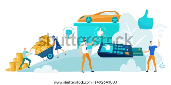 Financial Transaction Flat Cartoon Vector\
Illustration. Small People Collecting Money and Doing Purchase\
Using Payment Terminal and Credit Card. Buying Car Using Banking.\
Piles of Money.