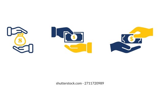 Conjunto de iconos de transacciones financieras con intercambio de dinero mano a mano, símbolos de pago en efectivo y conceptos de transferencia monetaria segura en azul y amarillo