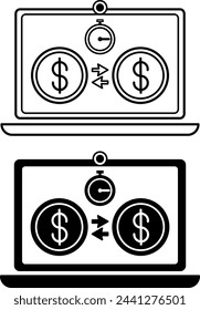 Financial Transaction Icons. Black and White Vector Icons of Money Transaction, Laptop, and Stopwatch. Instant Money Transfer Online. Accounting Concept