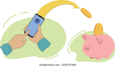 Finanztransaktionen mit einem Mobiltelefon. Vektorgrafik der finanziellen Einsparungen. Sparschwein