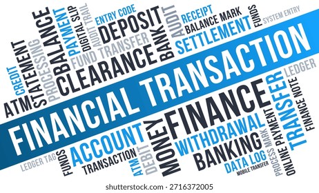 Transacciones financieras Word Cloud, Banca Finanzas, transferencia y Términos de servicios monetarios