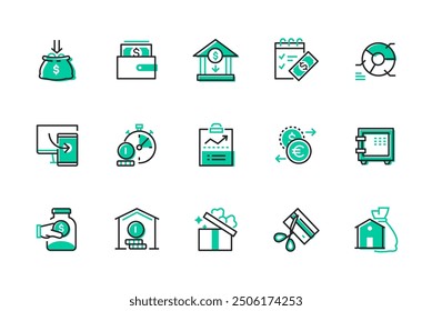 Financial transactions and banks - set of line design style icons. Budget planning idea. High quality images of wallet, transaction, currency exchange, dollar and euro, savings, cash and gift