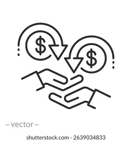 financial transactions, cashback icon, thin line web symbol on white background, compensation or donation of money, return money, cash back rebate, editable stroke vector illustration eps10	