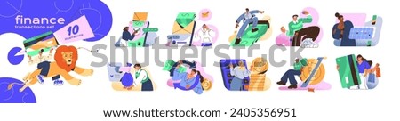 Financial transactions concept set. Business people planning budget, exchange currency, withdraw cash, count money on account, pay by card. Online banking. Flat isolated vector illustration on white