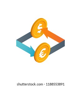 Financial transactions, currency exchange, money conversion vector icon. Isolated Isometric usd and eur coins with colored arrows on white background.