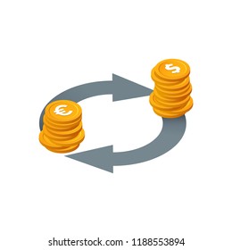 Financial transactions, currency exchange, money conversion vector icon. Isolated Isometric stack of coins with arrows on white background.