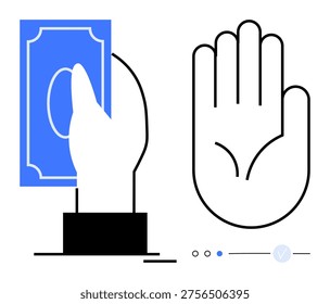 Financial transactions, decision-making, monetary exchange, rejection, business ethics, payment options. A hand offers money while another forms a stop gesture. Monetary exchange and rejection