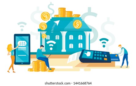 Financial Transactions Deposit with Bank Cartoon. Financial Contribution to Real Estate or Bank. Woman on Smartphone Manages Cash. Man Uses Credit Card Terminal. Vector Illustration.