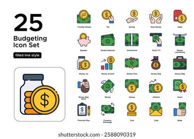 Financial Transactions and Money Management. Cash, Coins, and Digital Payments. Vector Illustration. FIlled line icon set