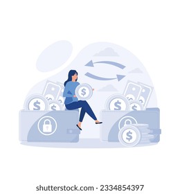 financial transactions, money transfer, banking, large wallets with coins, flat vector modern illustration