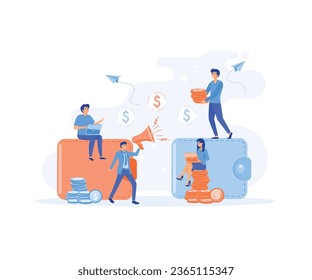  financial transactions, money transfer, banking, large wallets with coins, flat vector modern illustration