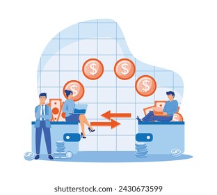 Financial transactions, money transfer, banking, large wallets with coins. flat vector modern illustration 