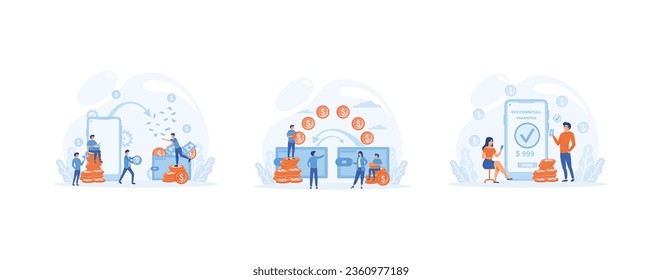 Financial transactions. NFC payment system, money transfer, mobile banking service. set flat vector modern illustration 