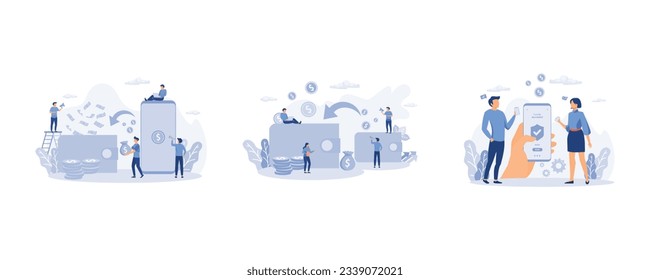 Financial transactions, non-cash payment transactions, money transfer, banking, set flat vector modern illustration