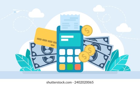 Financial transactions, payment. Cash and electronic payments concept. Pos terminal and payments systems. Bank card, terminal for buying process, monetary currencies, coins. Vector illustration.