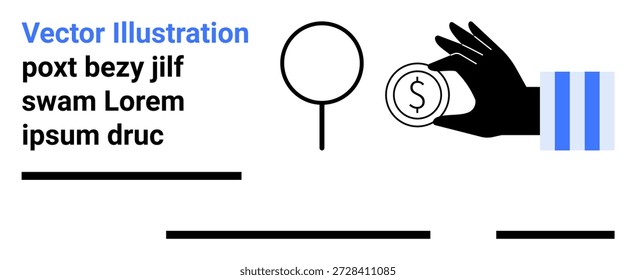 Financial transactions, savings, monetary value, minimalism, economic concepts, design elements. Hand holding a dollar coin near a circle icon with text. Financial transactions and savings concept