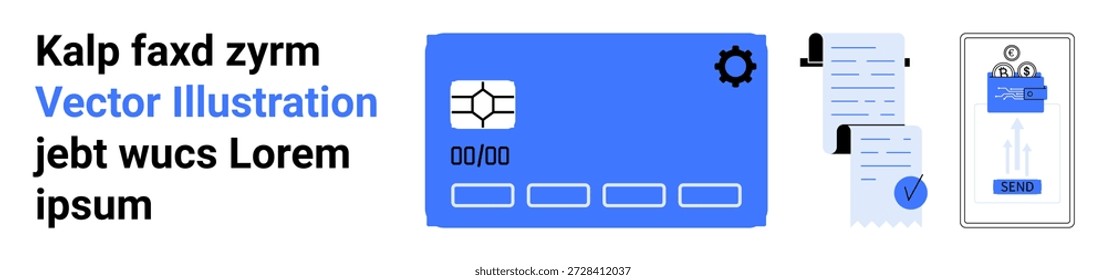 Transações financeiras, pagamentos seguros, banco digital, fintech, verificação de identidade, autenticação móvel. Um cartão de crédito, um recibo e uma ilustração de verificação de ID móvel. Financeiro