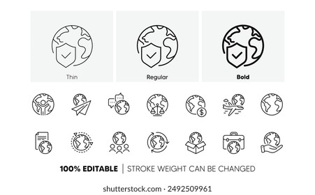 Transacciones financieras, traducción de idiomas, subcontratación de negocios. Conjunto de iconos de línea de negocio mundial. Organización internacional, derecho global, iconos del mapa mundial. Servicio de entrega, externalización global. Vector