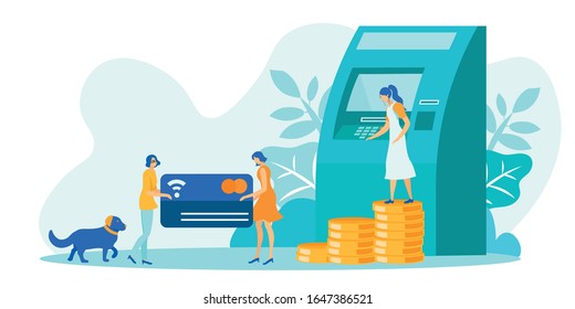 Financial Transactions Using ATM. Woman Standing On Coins Stack Near Automatic Teller Machine. Two Girls Carrying Huge Plastic Bank Card. Contactless Payment. Online Banking. Vector Flat Illustration