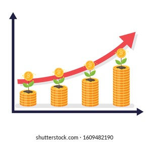 financial and tree growth graph on white background. Saving money concept. Pile of coins with trees and arrows. Vector illustration flat design. business and finance. Investment and profits.