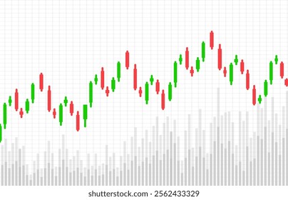 A financial up trend chart illustration on a white grid background, featuring red and green candlestick patterns representing market trends. Below is a grayscale bar graph indicator