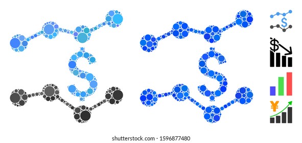 Financial trends composition of circle elements in variable sizes and color tinges, based on financial trends icon. Vector circle elements are grouped into blue composition.