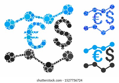 Financial trends composition of filled circles in variable sizes and color tones, based on financial trends icon. Vector small circles are combined into blue composition.