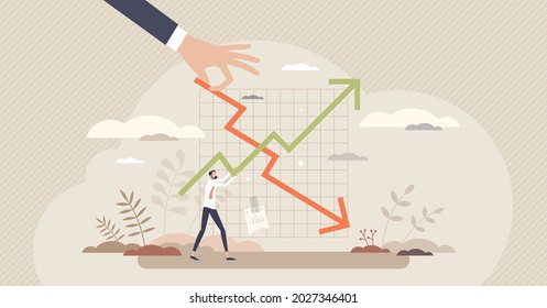 Financial trends, economical market analysis and chart tiny person concept. Business progress or recession process on arrows balance graph as sales and stock forecast future data vector illustration.