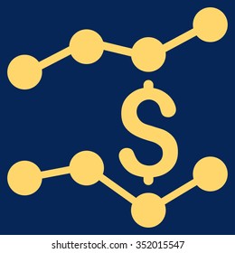 Financial Trends vector icon. Style is flat symbol, yellow color, rounded angles, blue background.