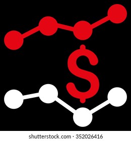 Financial Trends vector icon. Style is bicolor flat symbol, red and white colors, rounded angles, black background.