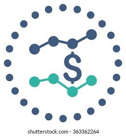 Financial Trends vector icon. Style is bicolor flat circled symbol, cobalt and cyan colors, rounded angles, white background.